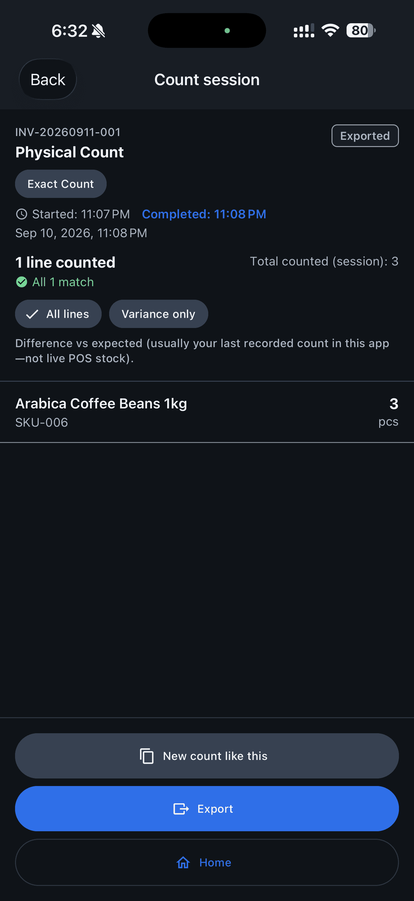 Completed inventory count document in Retail Scan & Stock