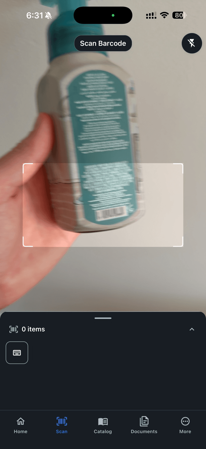 Barcode scanner screen in Retail Scan & Stock