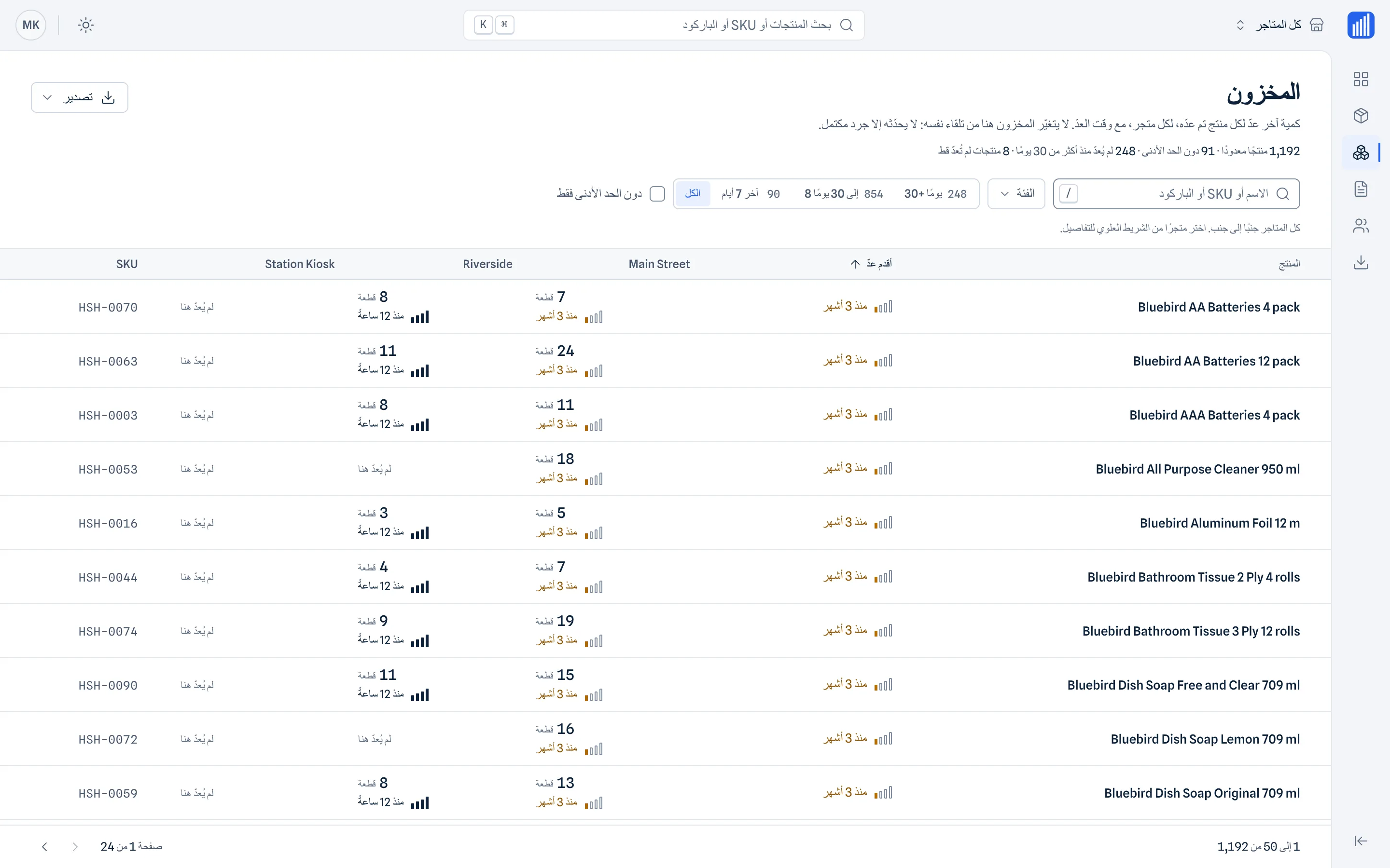 آخر كمية جرى جردها لكل متجر · لوحة الويب
