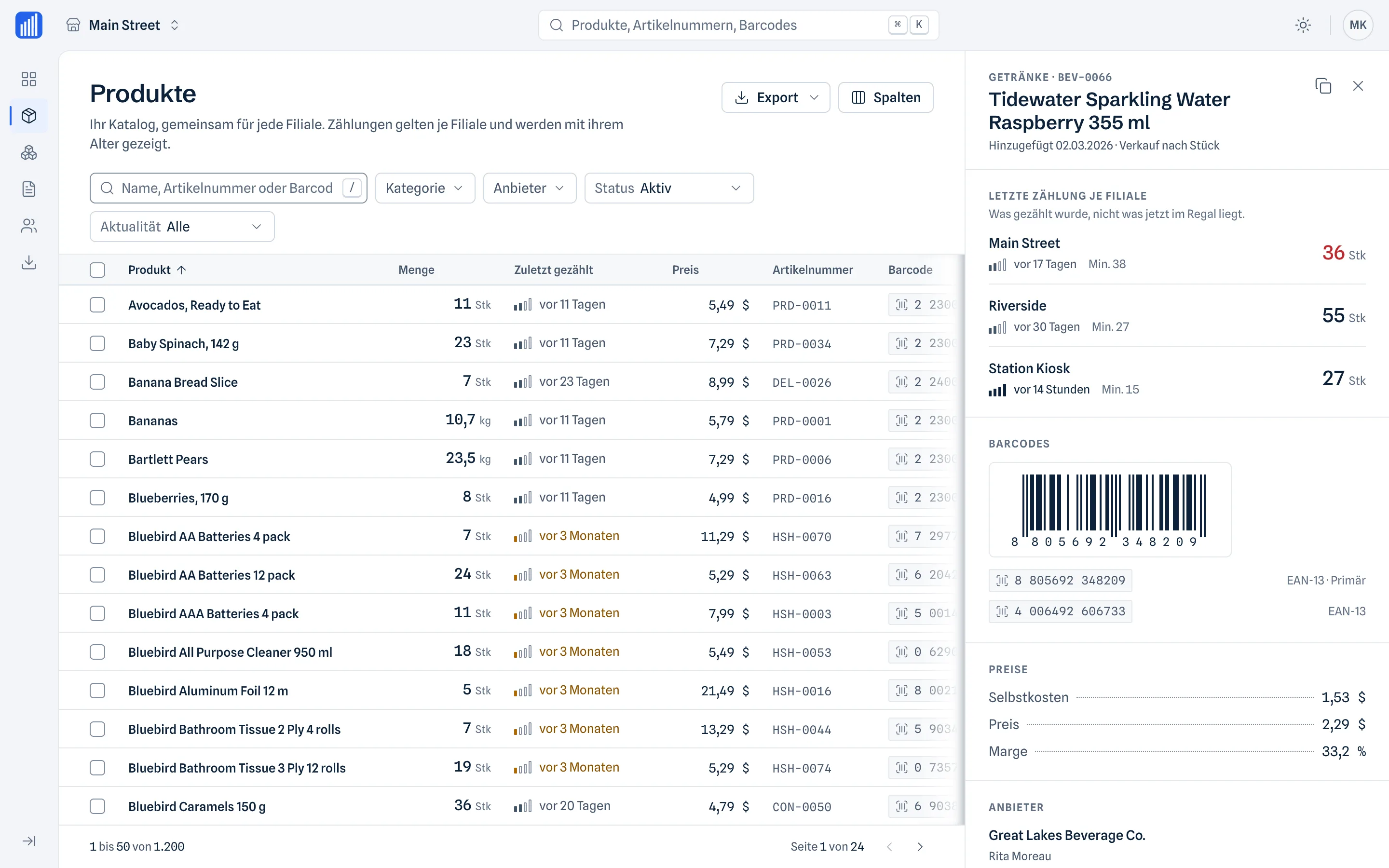 Produkte und Barcodes · Webbereich