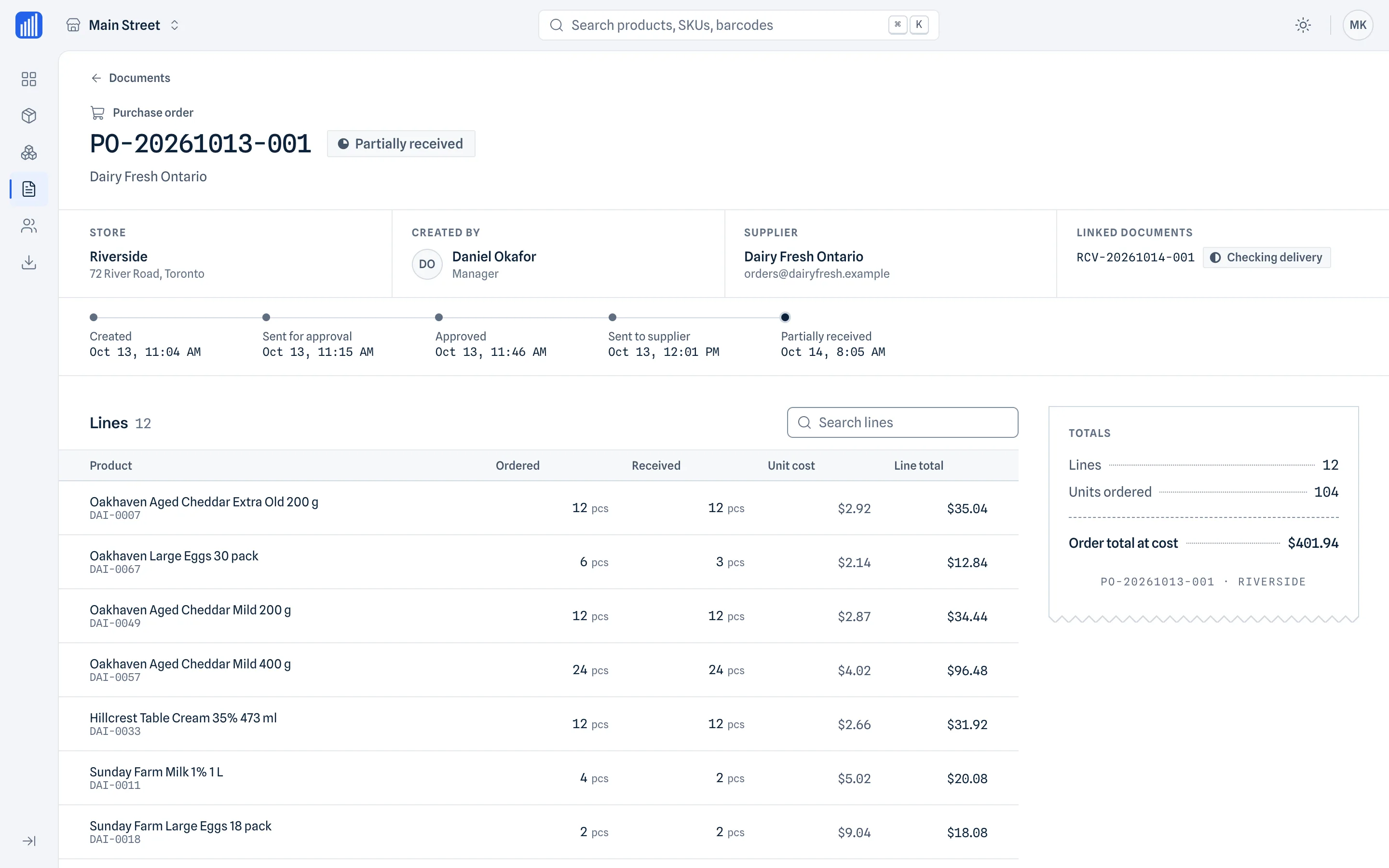 Web cabinet documents page for reviewing mobile inventory and supplier records