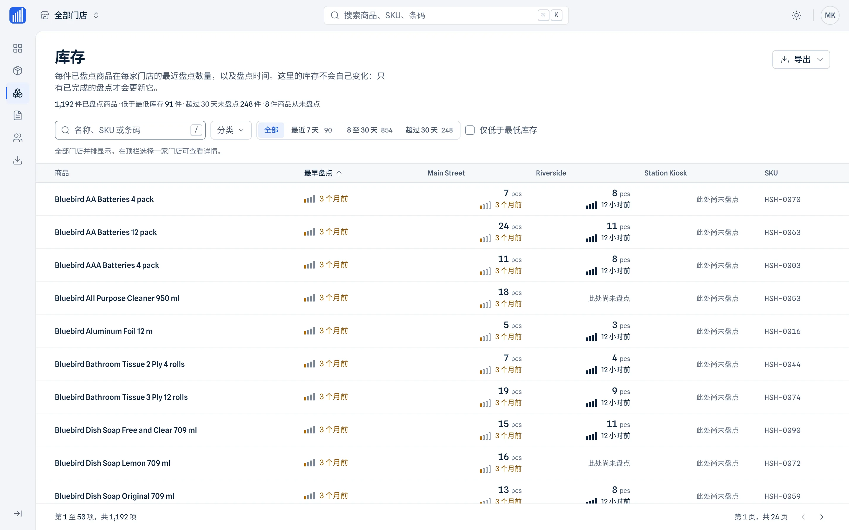 各店铺的上次盘点库存 · 网页版工作台
