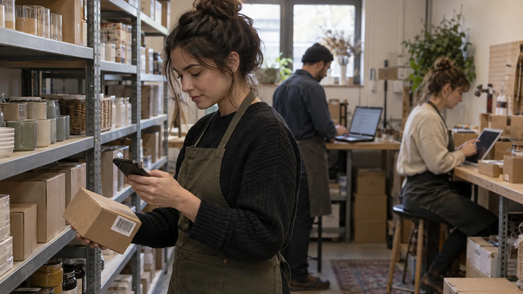 Shop worker scanning a barcode on a box while colleagues use a laptop and tablet in the same stockroom