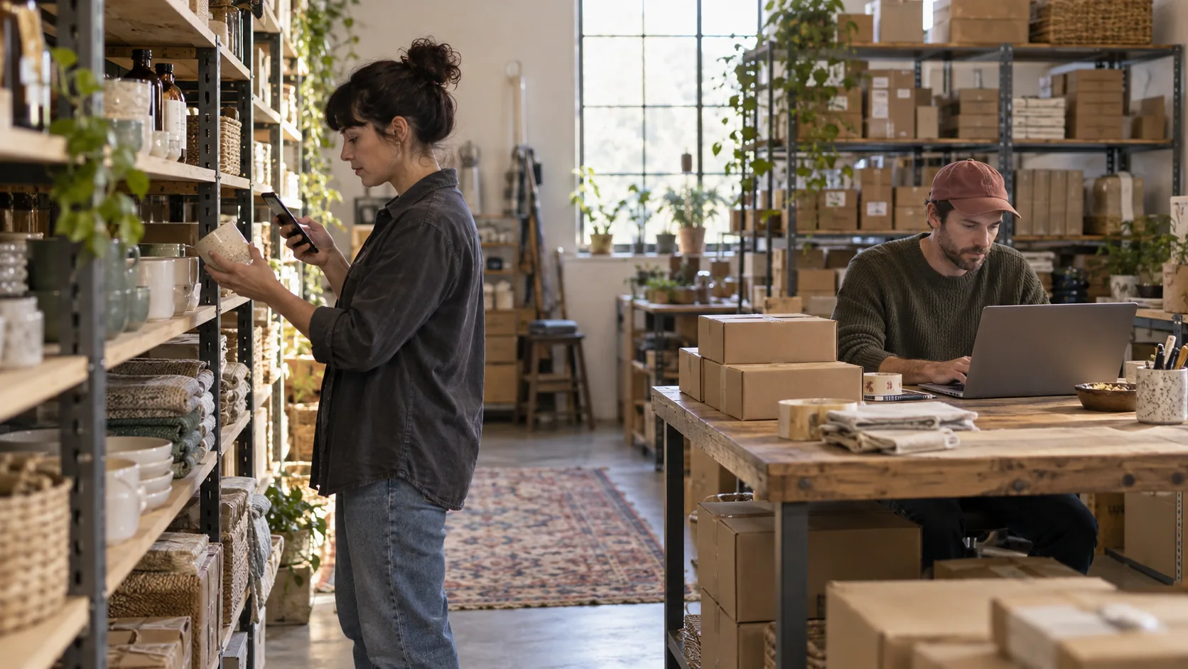 Worker counting products by phone at shop shelves while a colleague manages inventory on a laptop nearby