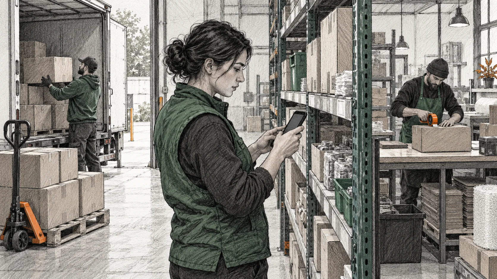 Worker checking shelf stock on a phone while goods are received and parcels are packed in the same warehouse
