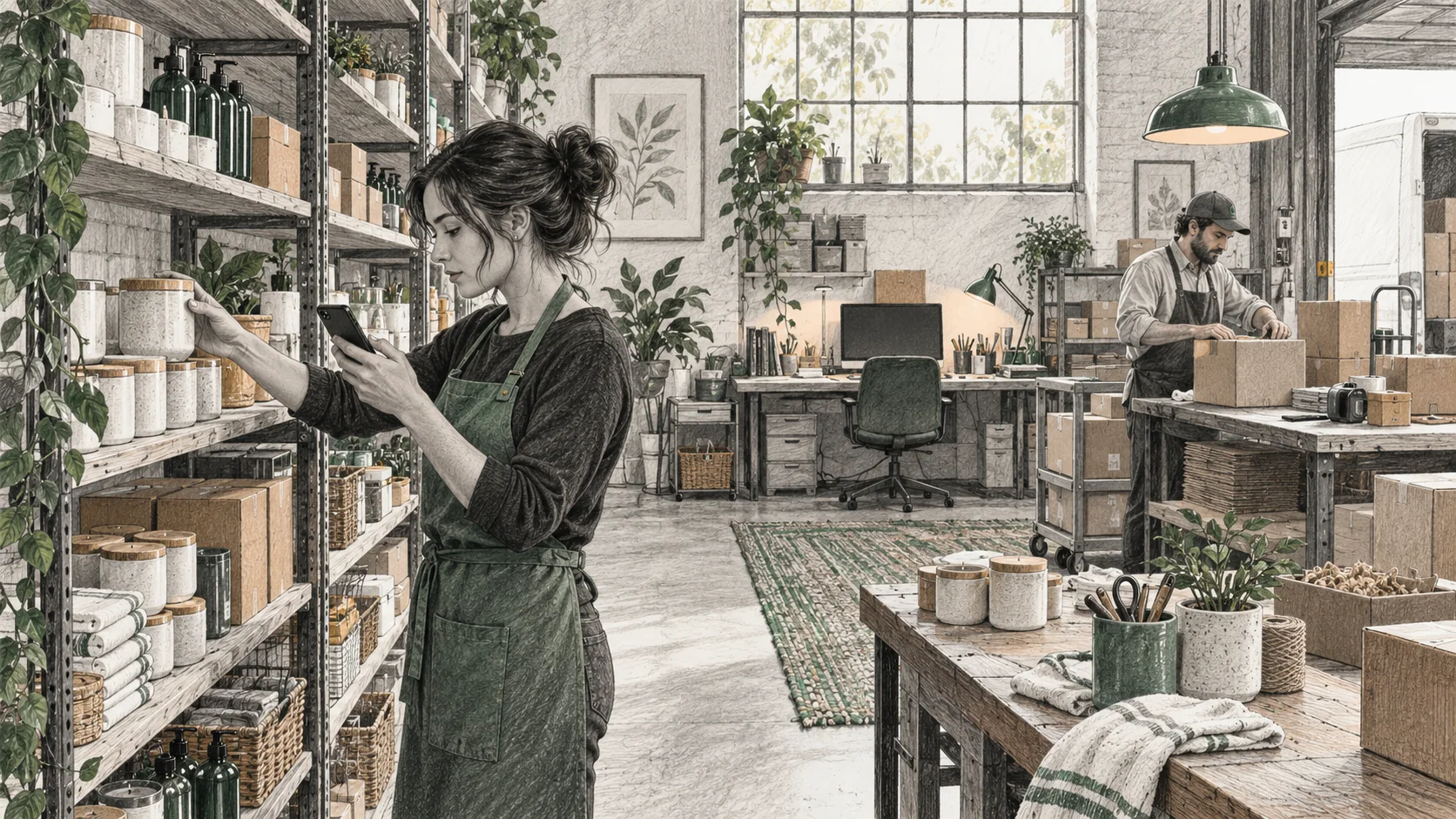 Shop owner using a smartphone at product shelves while a colleague packs an order across the stockroom