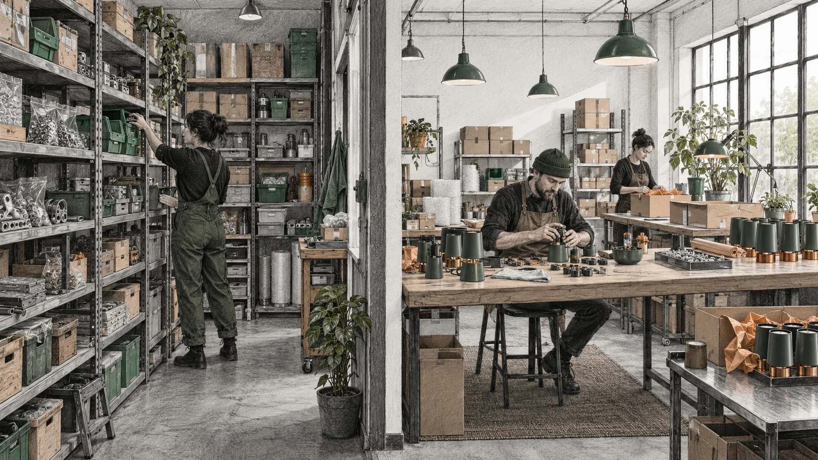 Compact parts stockroom beside a light assembly workbench and shelves of finished goods
