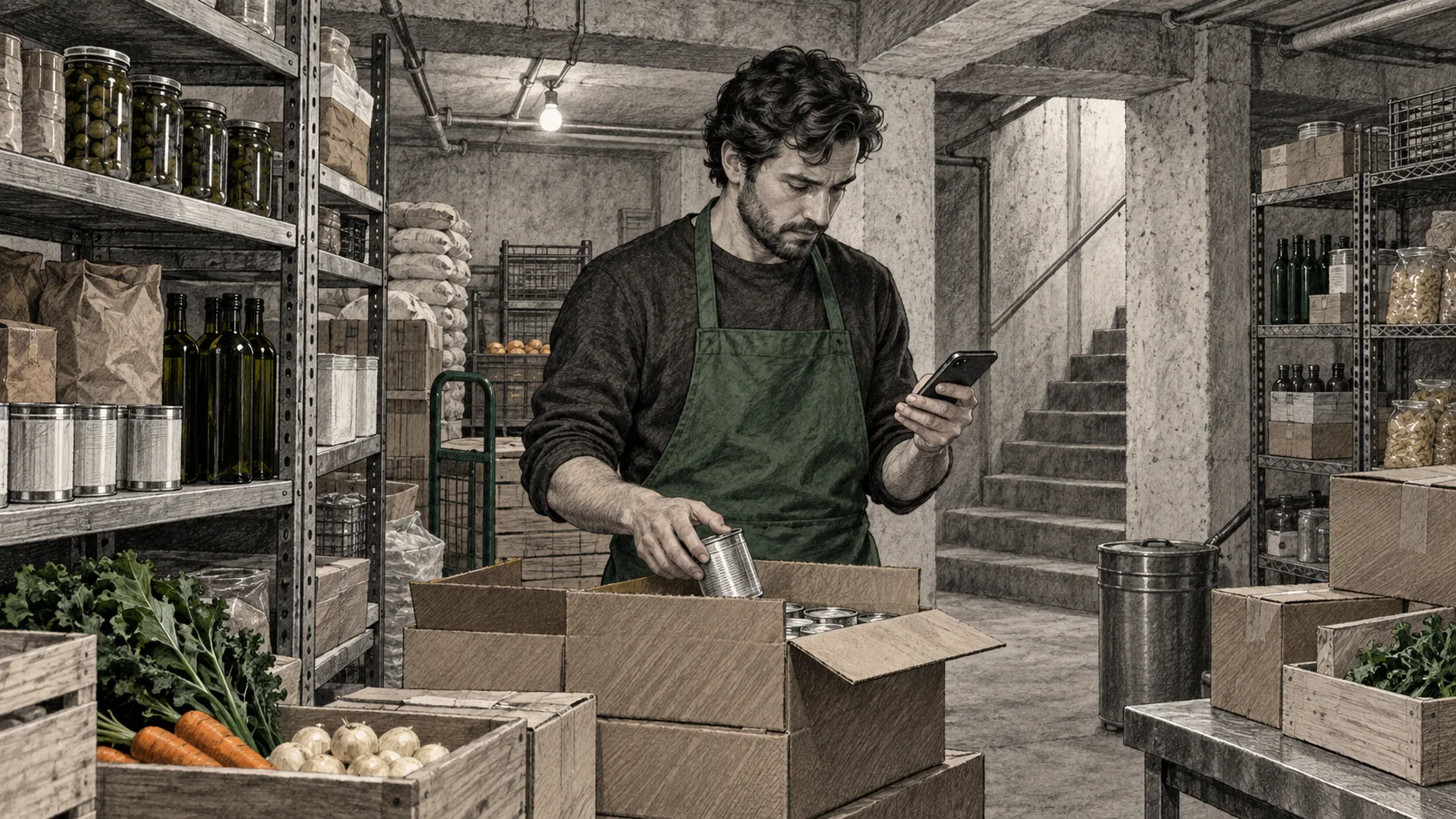 Worker counting cartons with a phone in a concrete basement stockroom