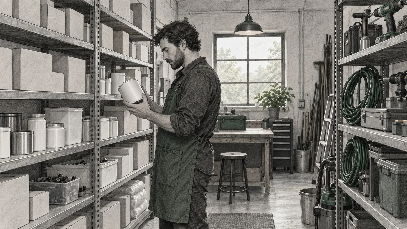 Worker inspecting unmarked stock beside shelves of reusable tools and equipment
