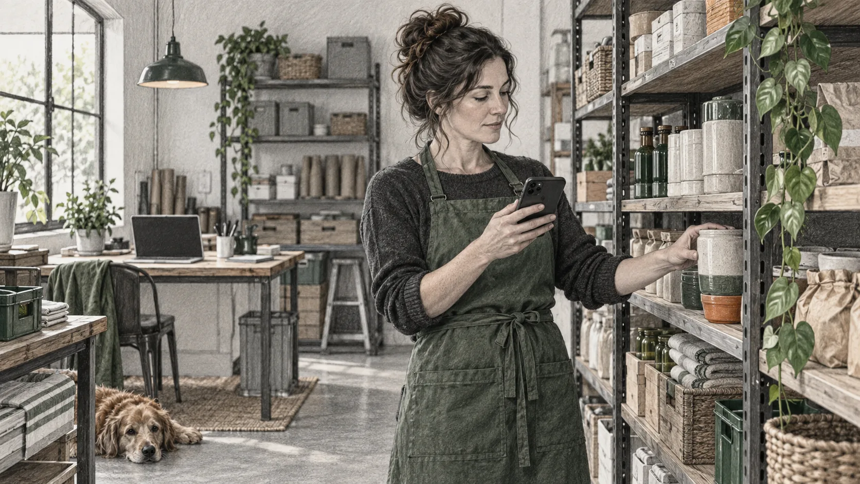 Shop owner checking products on a phone beside an office work area