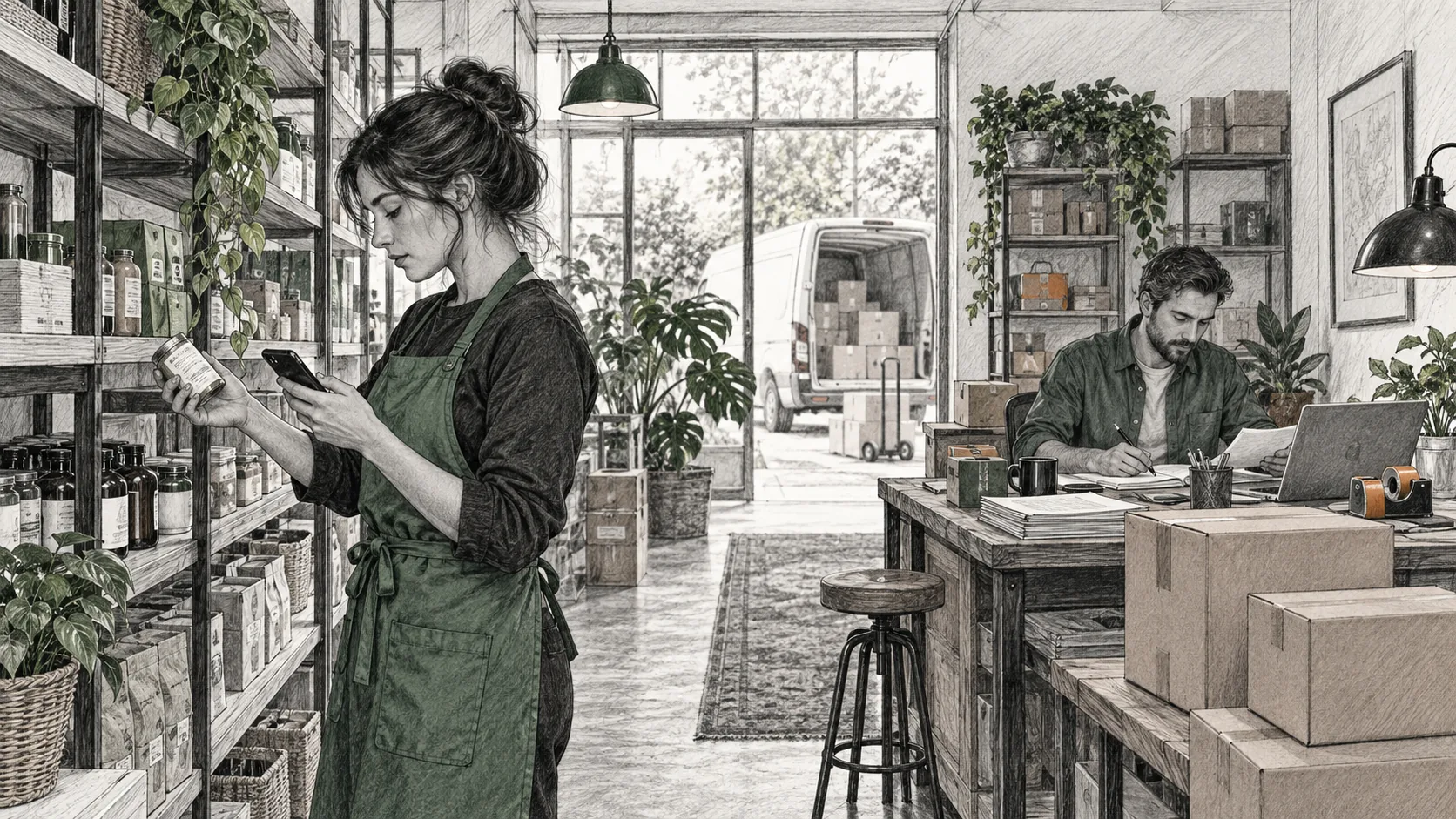 Shop worker counting shelf stock by phone while another operator handles paperwork and parcels at a desk