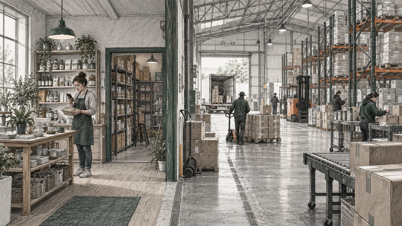 Small independent stockroom beside a larger warehouse with organized racks and shipping cartons