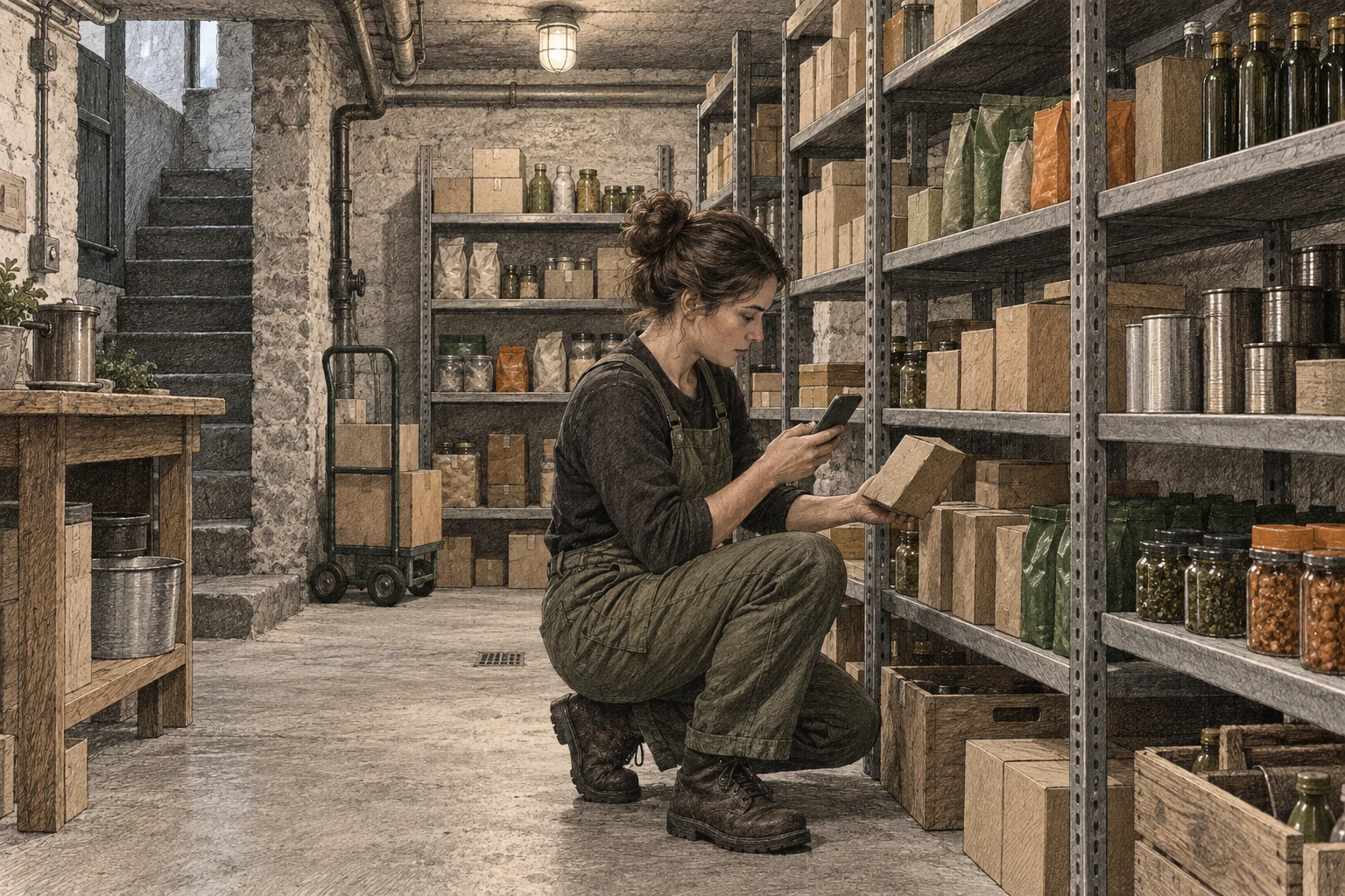 Stockroom worker scanning boxes in a dimly lit basement inventory storage area