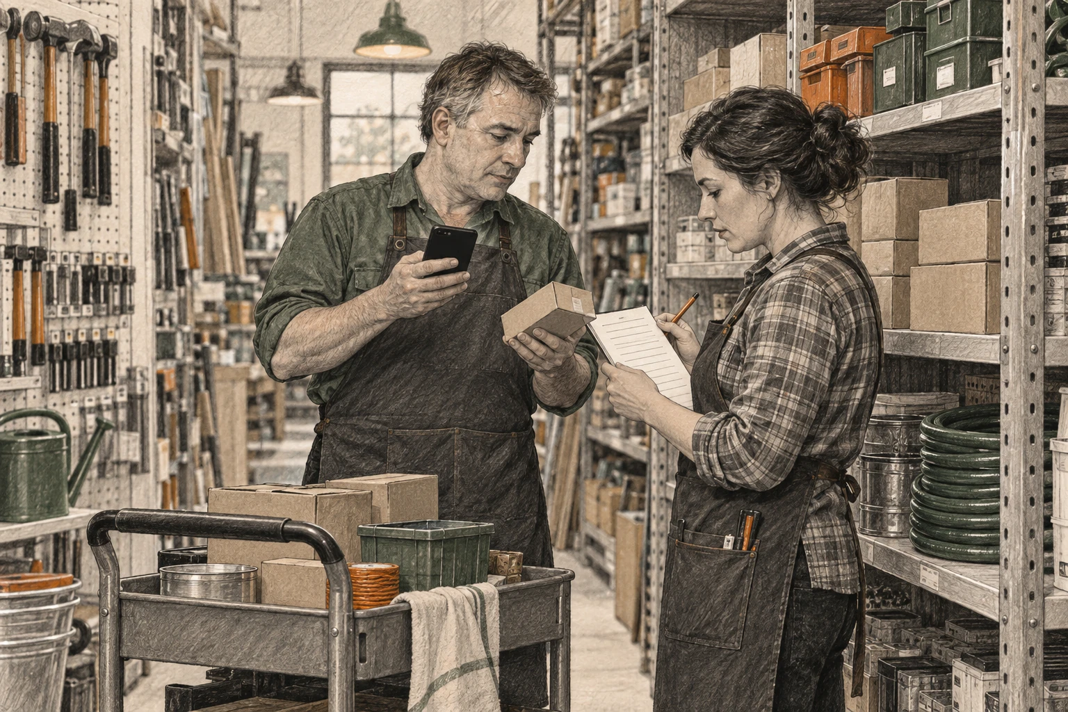 Retail store team comparing a physical stock count tally against shelf merchandise