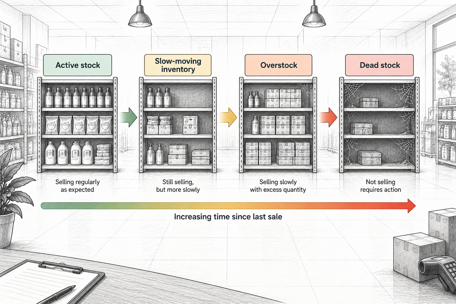Lifecycle illustration showing the progression of retail inventory from active stock to dead stock