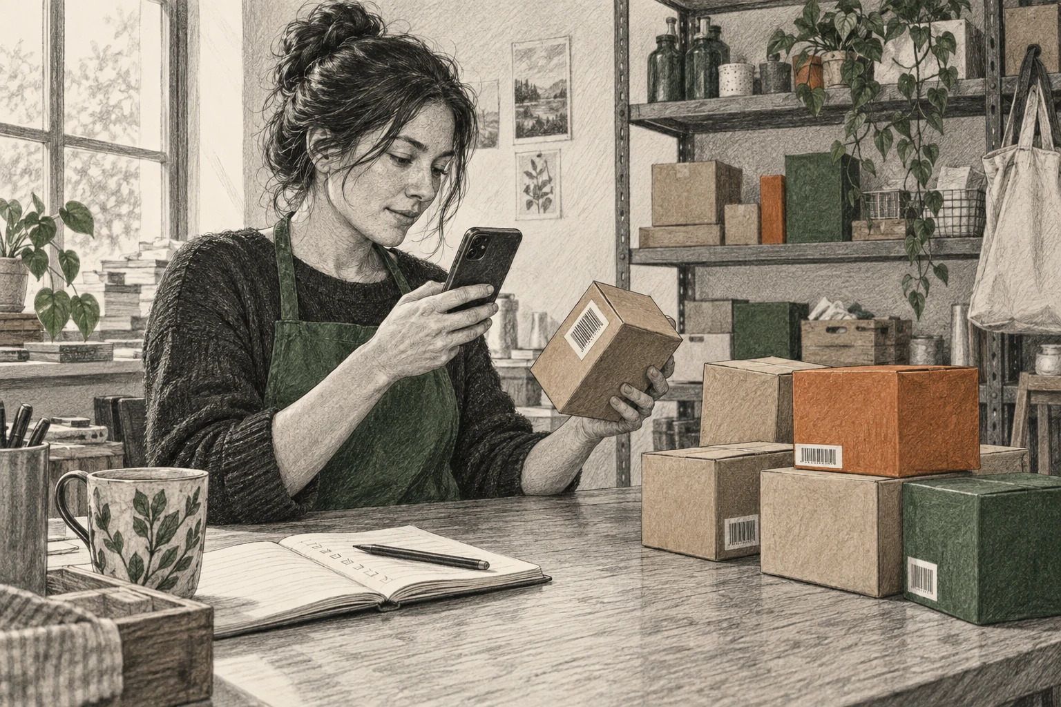 Small-business retail manager checking stock with a smartphone next to an open paper notebook