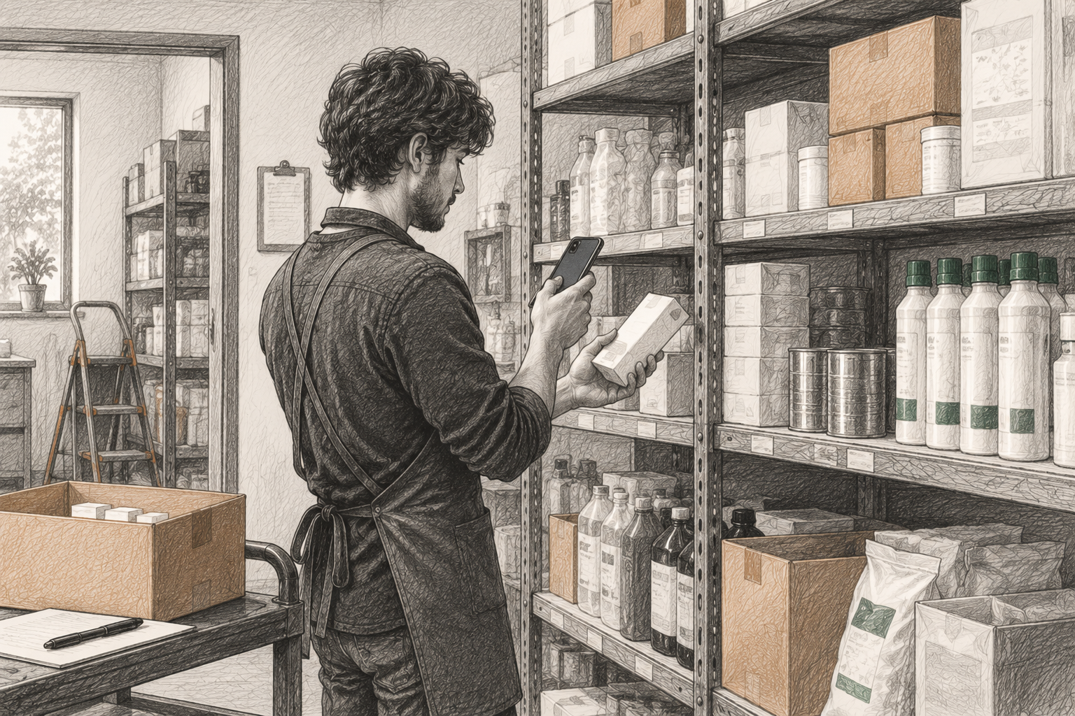 Employee counting physical products on small-business shelves with a smartphone