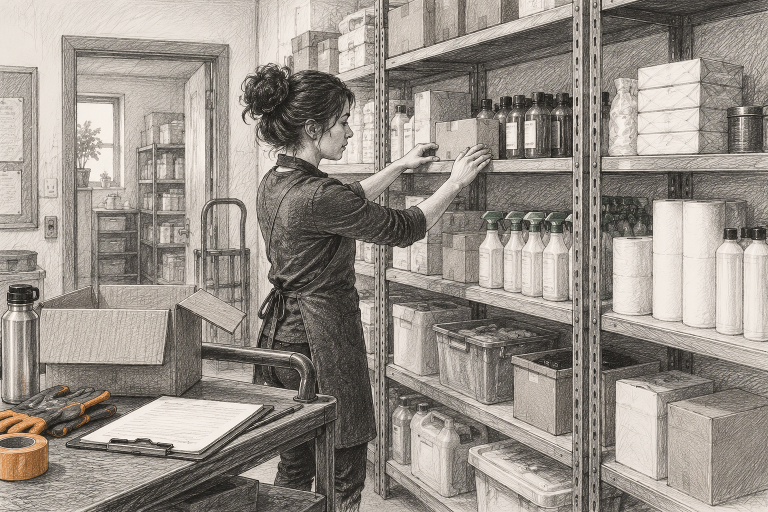 Small-business employee organizing shelves and boxes before a physical inventory count