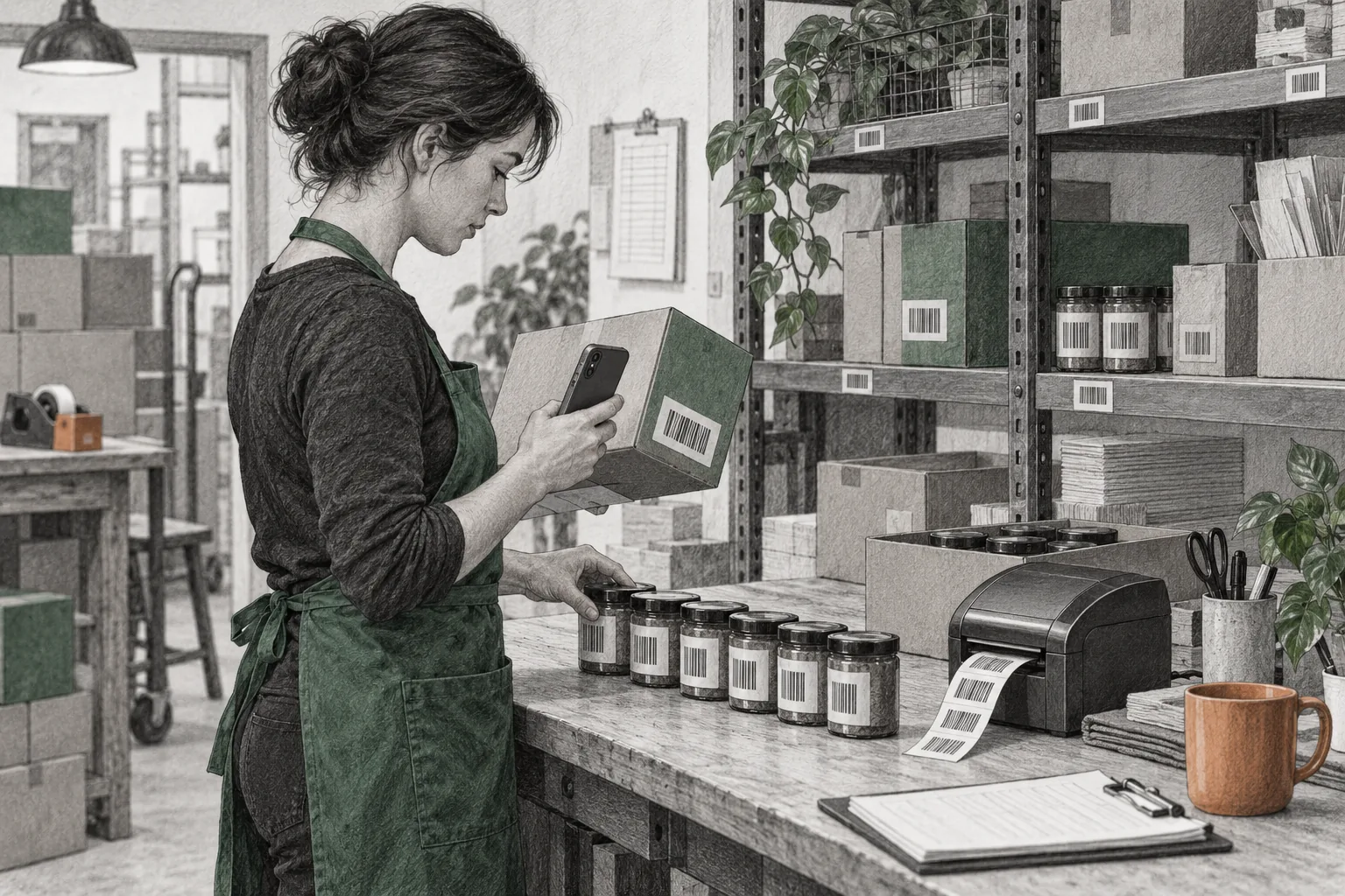 Mitarbeiterin prüft Waren neben Etiketten und kompaktem Drucker