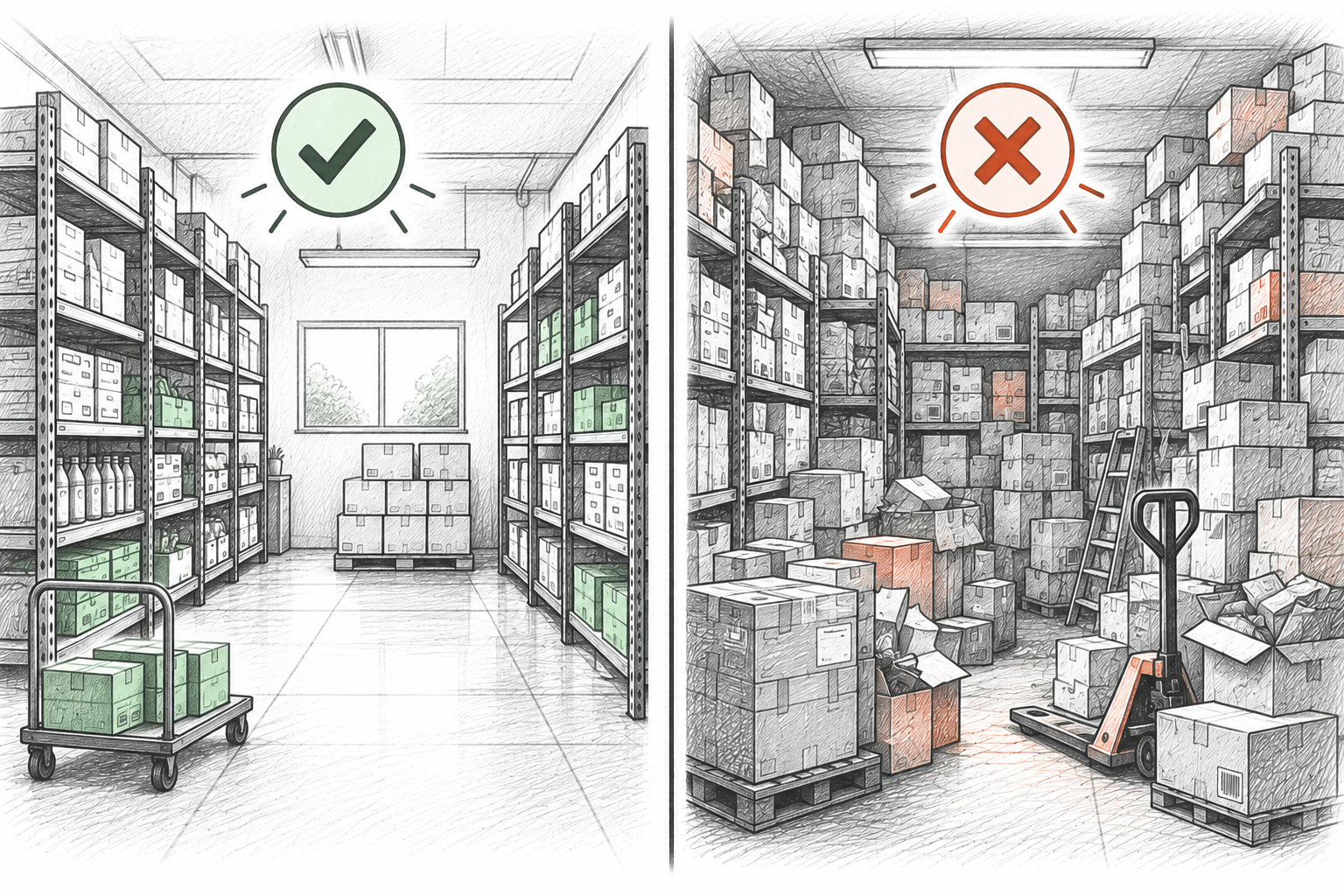 Diagram differentiating healthy inventory, excess stock, and dead stock states