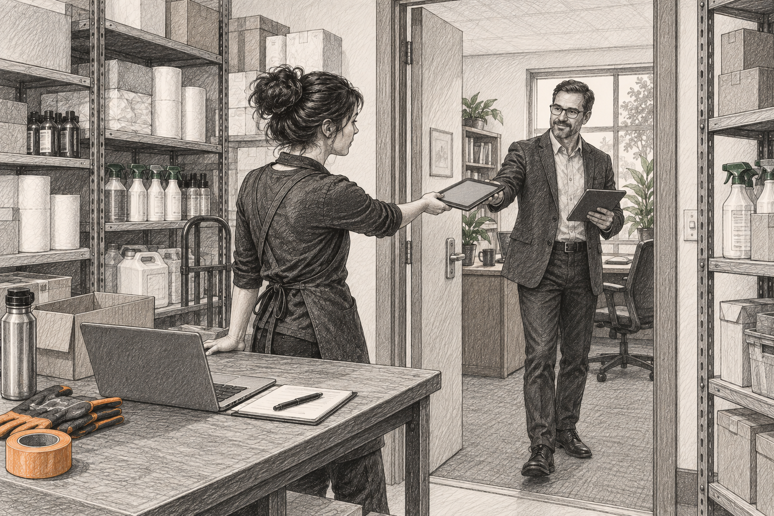 Branch employee handing a completed inventory report to a central manager