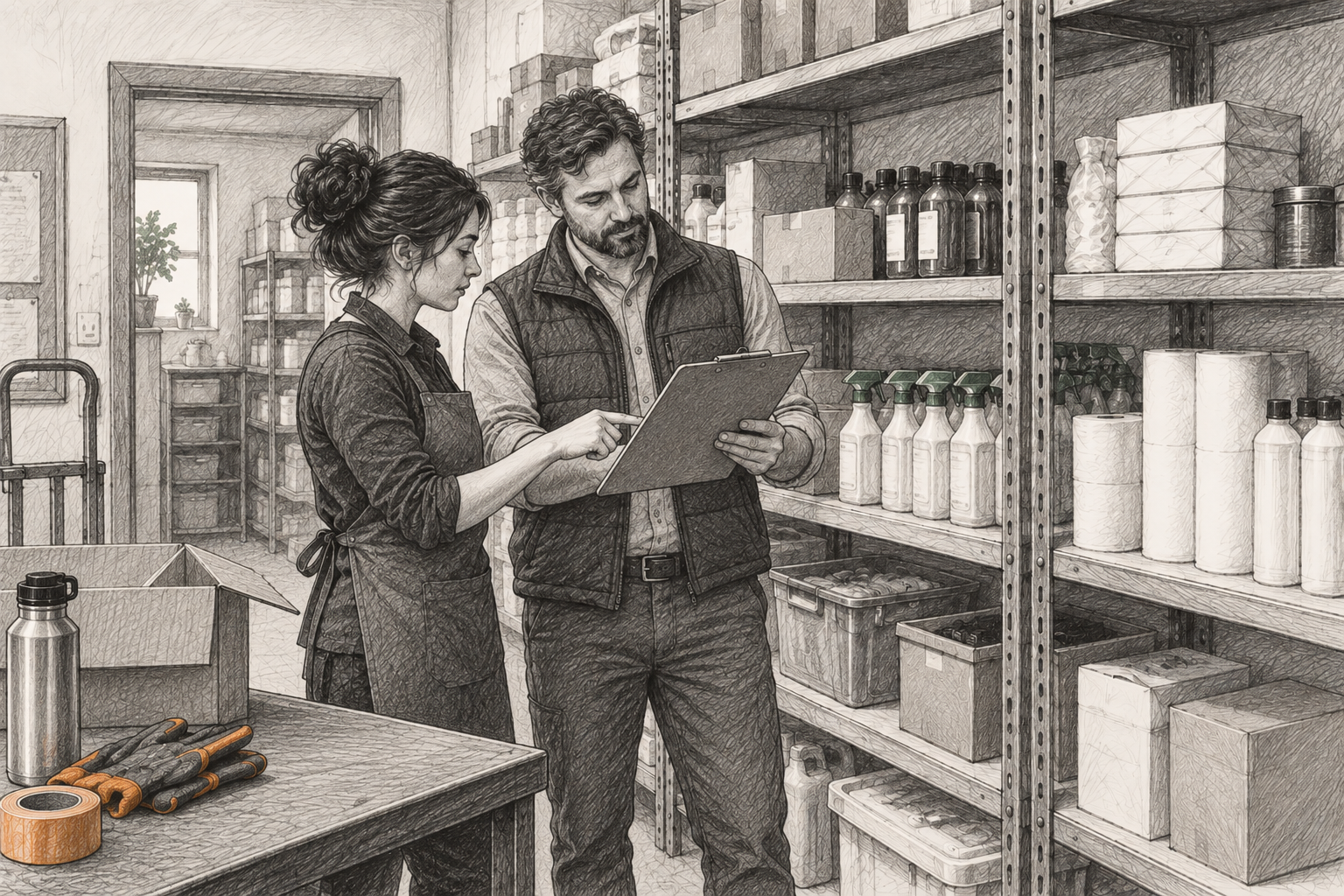 Local supervisor and employee reviewing a completed inventory count beside shelves
