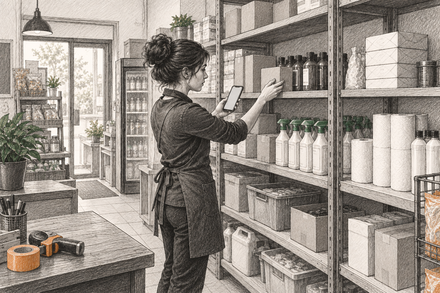 Employee counting stock with a smartphone at a small local branch