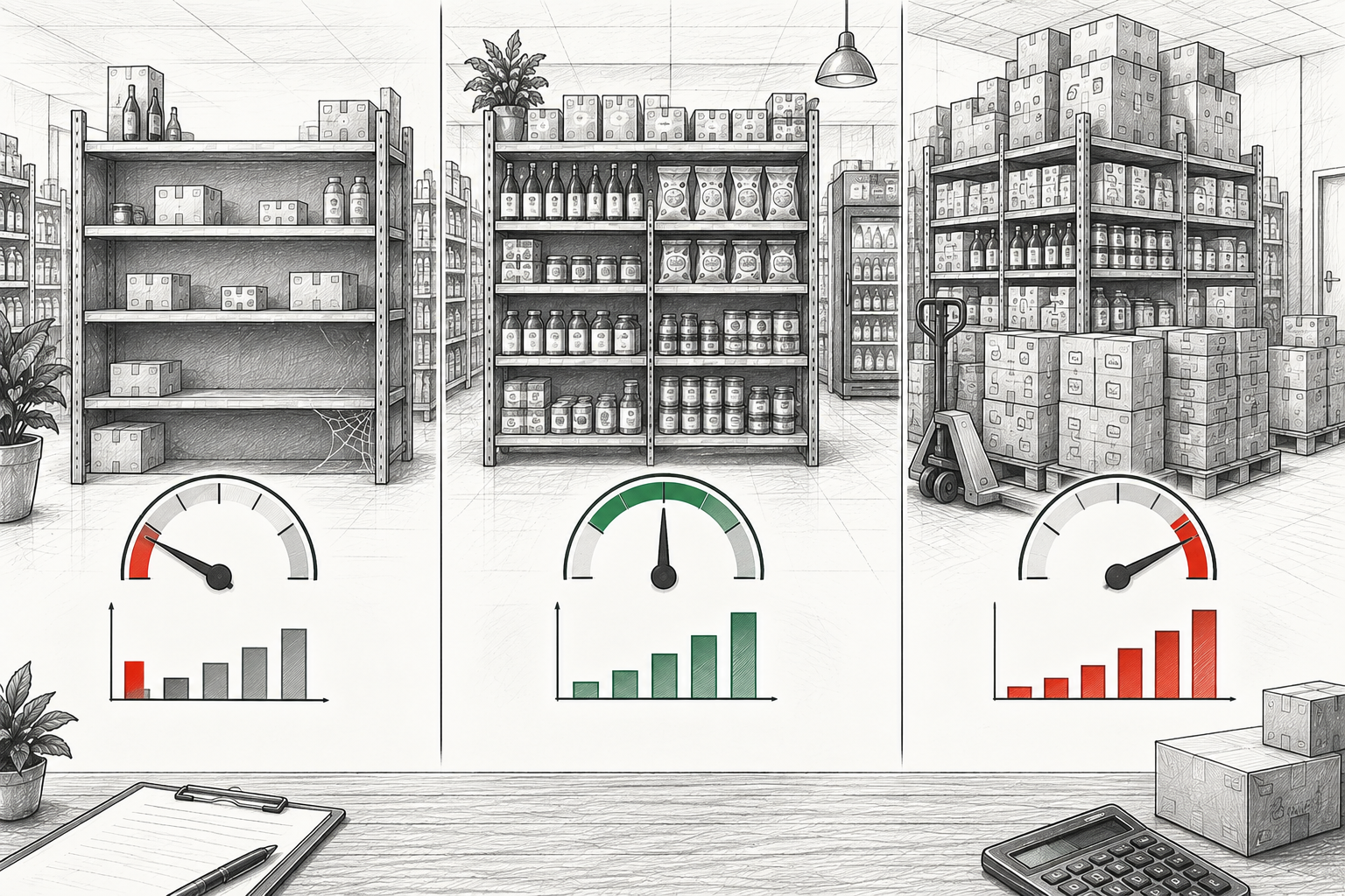 Comparison of low, balanced, and excessively high inventory turnover levels in a small retail store