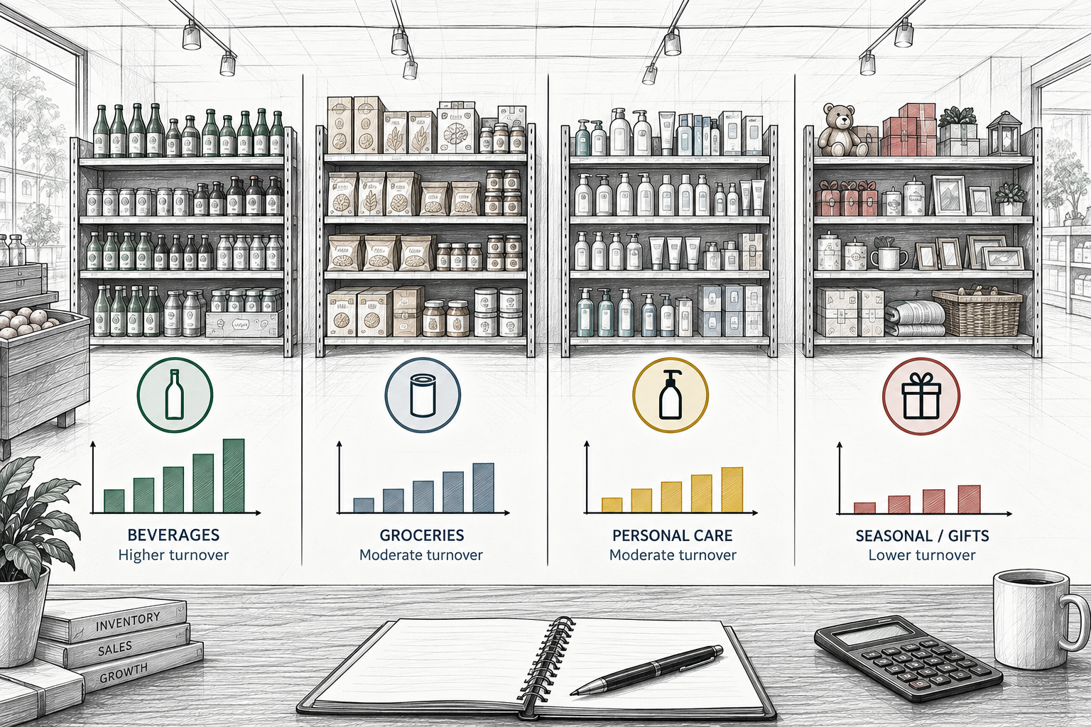 Different inventory turnover speeds across fast, medium, and slow-moving retail product categories
