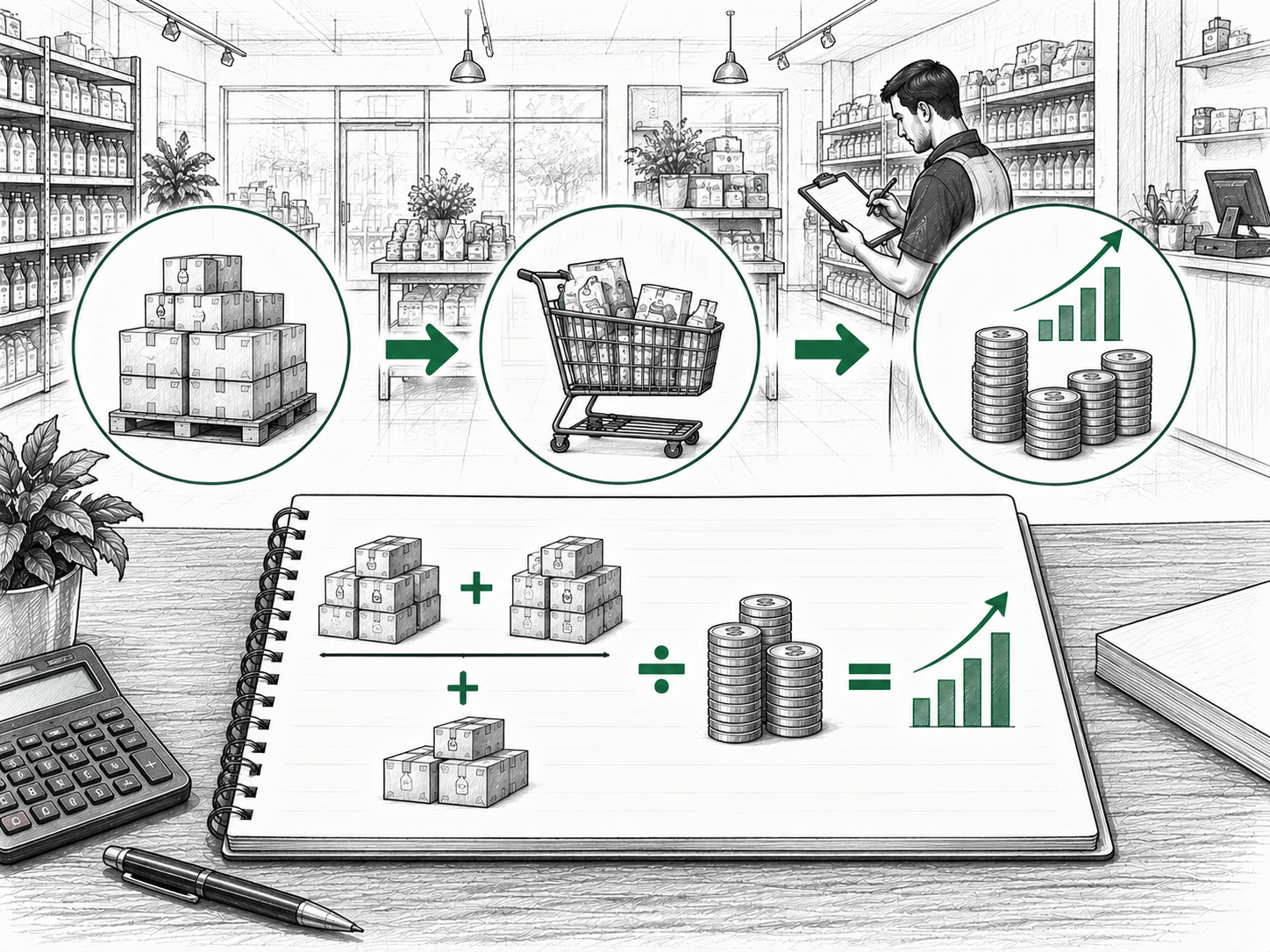 Worked retail inventory turnover example showing how inventory cycles through a store