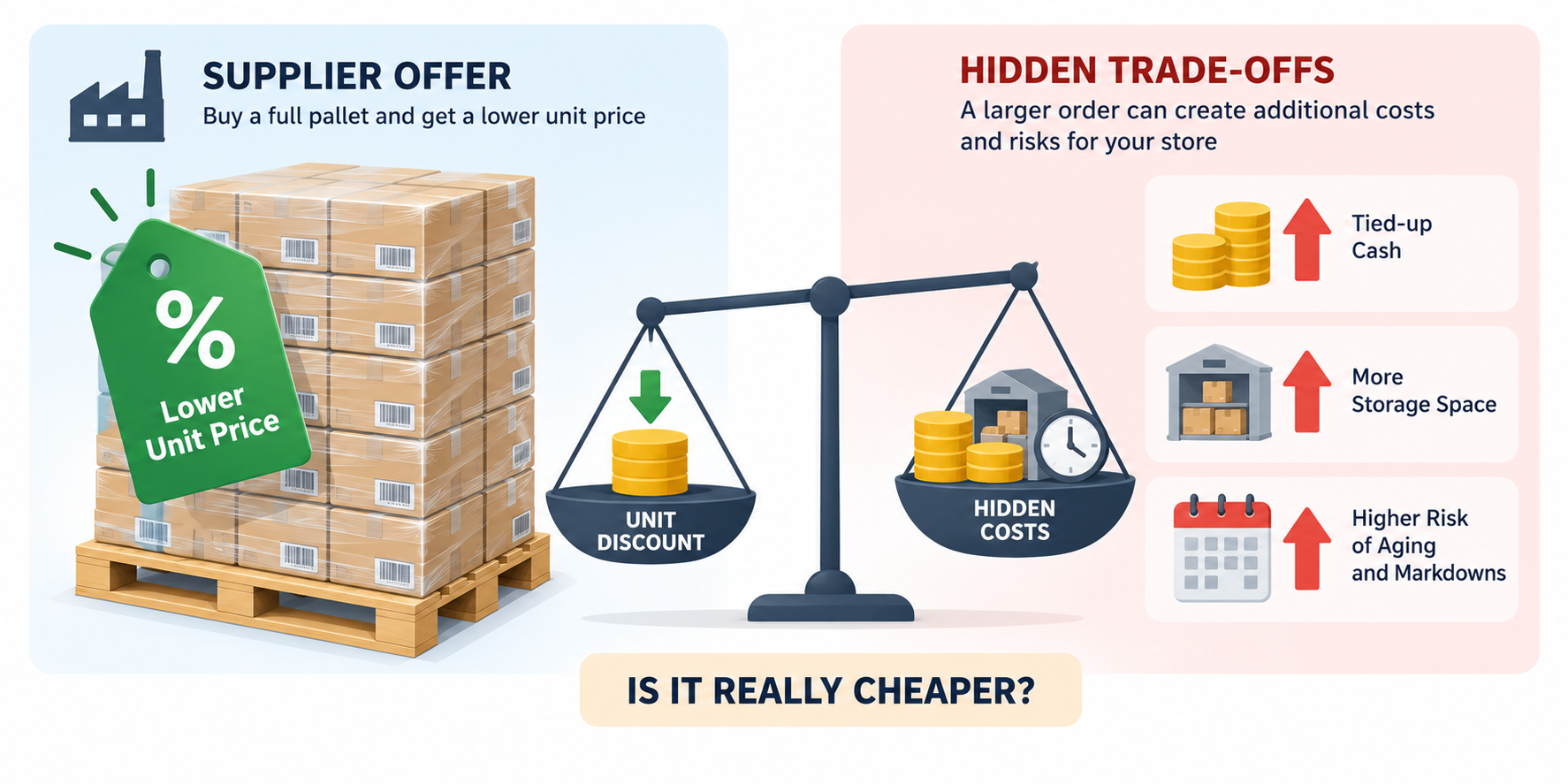 Bulk inventory discount weighed against tied-up cash, storage requirements, and aging risk