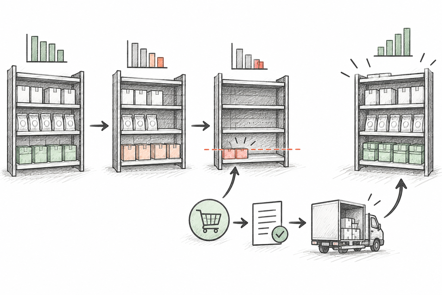 Timeline diagram showing inventory depletion, lead time demand, reorder point trigger, and delivery arrival before stockout