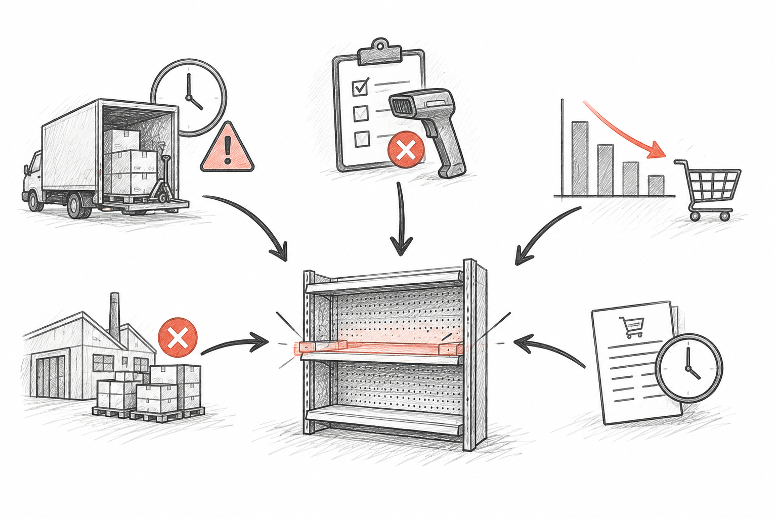 Flowchart showing root cause paths leading to retail stockouts: ordering, supplier delays, phantom inventory, and backroom delays
