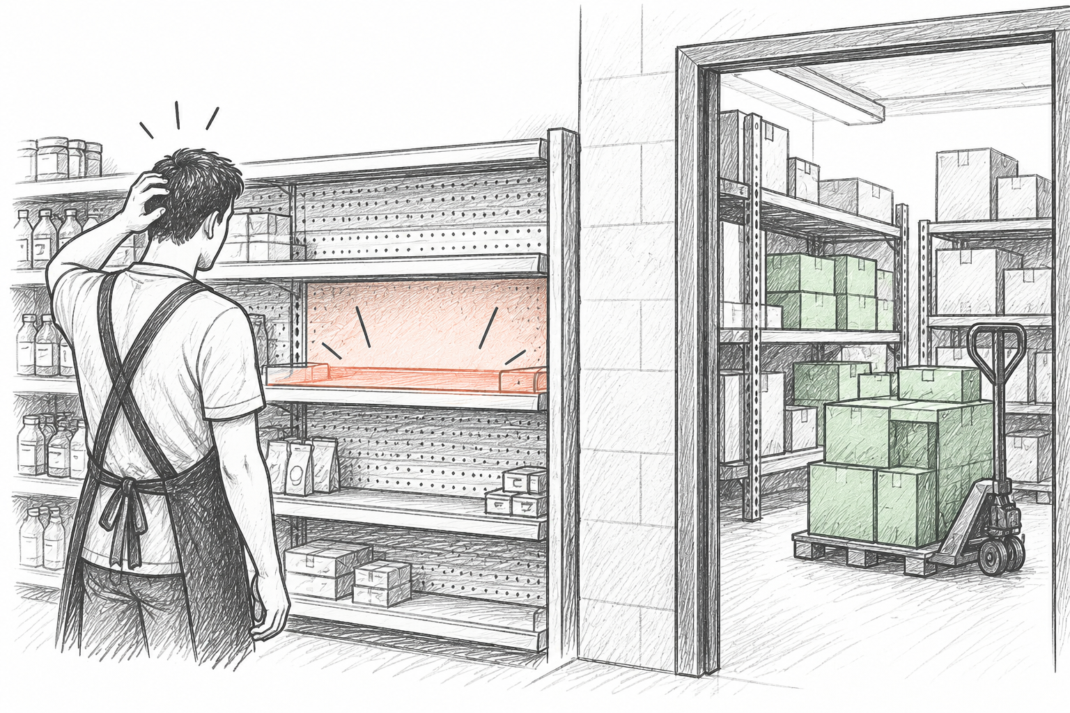Diagram comparing shelf availability, backroom stock, system on-hand, open purchase orders, and supplier availability