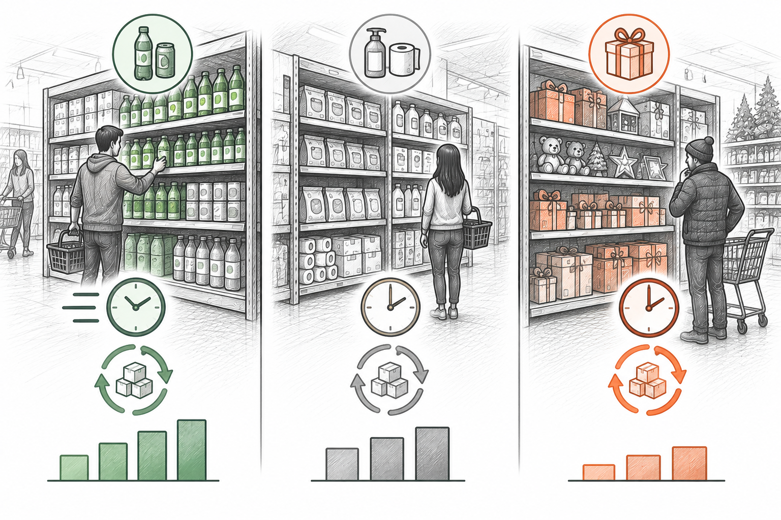 Visual breakdown comparing category-level inventory turnover and seasonal sell-through performance