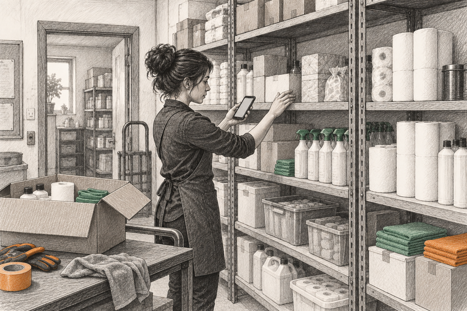 Employee counting boxes, bottles, rolls, and other consumables in a small-business supply room