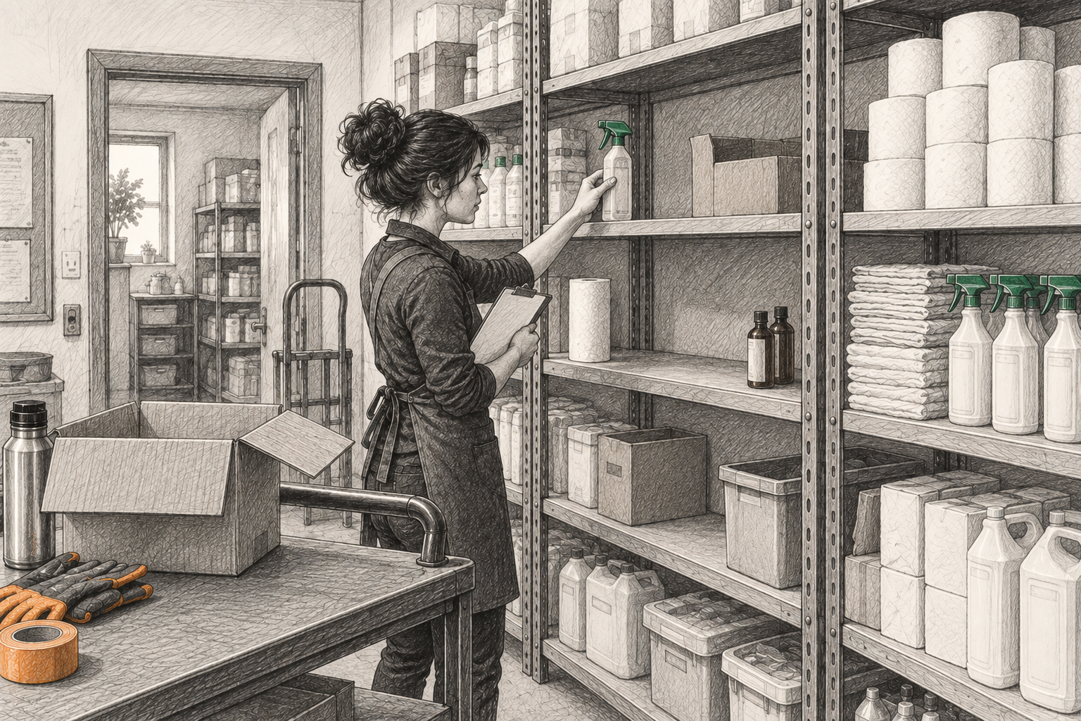 Employee checking nearly empty supply shelves beside items with adequate stock