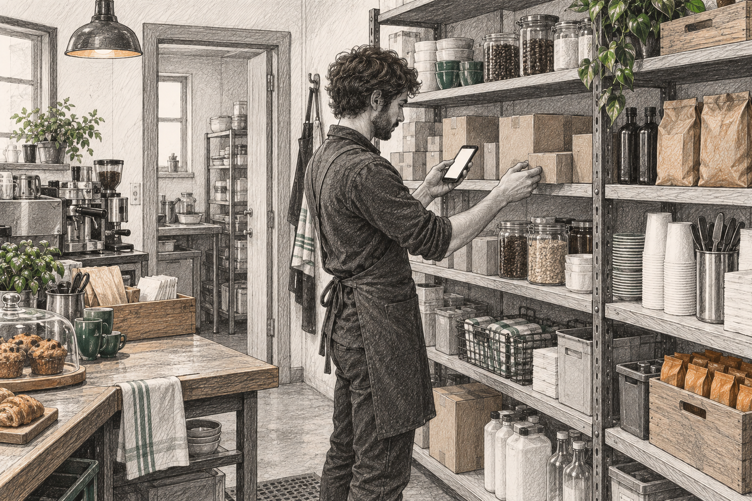 Small-business owner counting café or workshop supplies with a smartphone