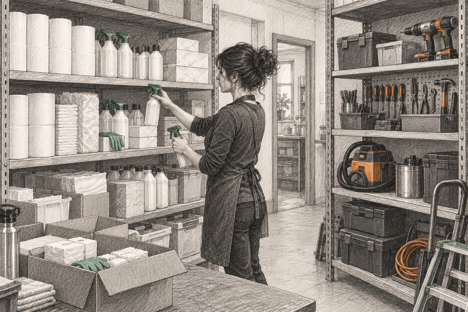 Small-business supply room with consumables separated from reusable tools and equipment